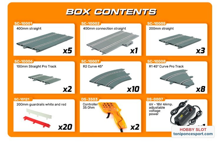 Circuito Pro Track Completo SET-001 de 6.9m recorrido y medidas 230x120cm.
