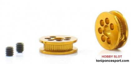 Polea Alumino Mecanizado 6.5mm Eje 3/32 Dorada.