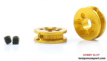 Polea Alumino mecanizado 6,5mm diam. para eje 3mm. Dorada