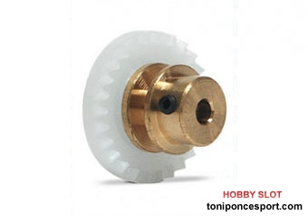 Corona 24d. motor en línea -Desplazado 1mm-. Bronze para eje 2.38mm (3/32"). Fijada mediante tornillo allen M2.