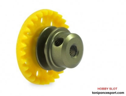 Corona 28d. In-Line en Nylon Amarillo para eje 3_32 fijación por tornillo M2.5