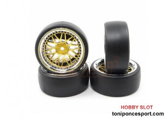 Ruedas Drift - Spec D LS Offset +6 Gold Silver Wheels w/Tires 4 1/10 Drift